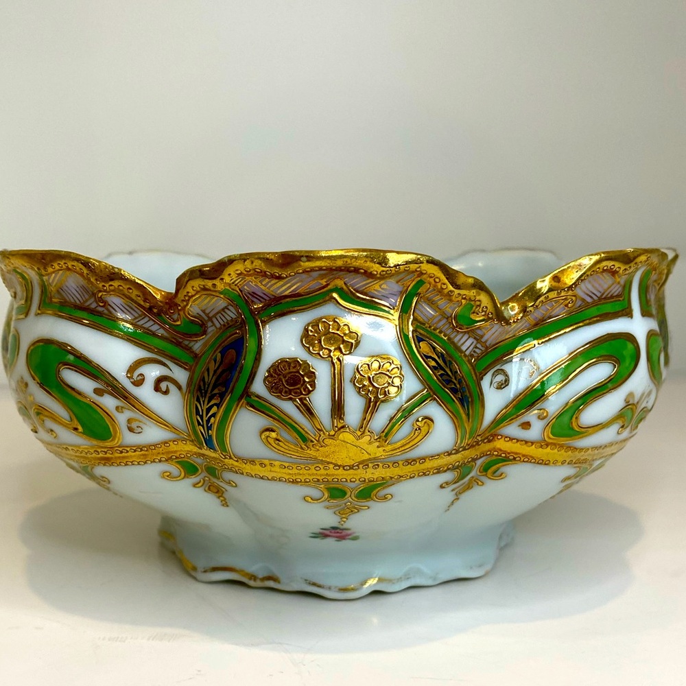 Antique Nippon Hand Painted Moriage Style Serving Dish Gold China Gilt